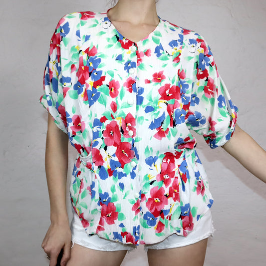Vintage 80er 90er SPENGLER Mode Bluse kurzarm Blumenmuster zum Binden 42