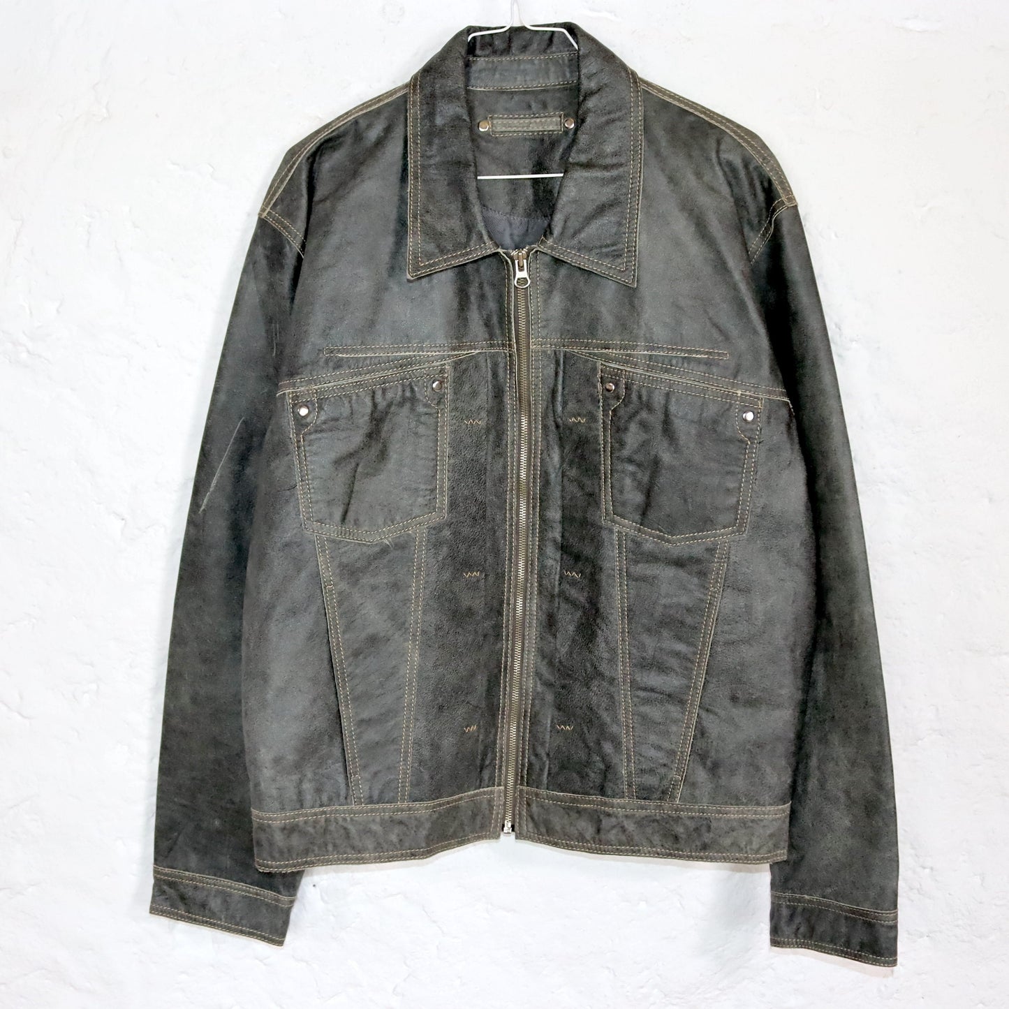 Vintage 80s 90s leather jacket calfskin grey used look 48 M