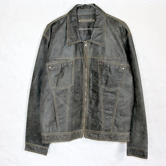 Vintage 80er 90er Lederjacke Jacke Kalbsleder grau used look 48 M