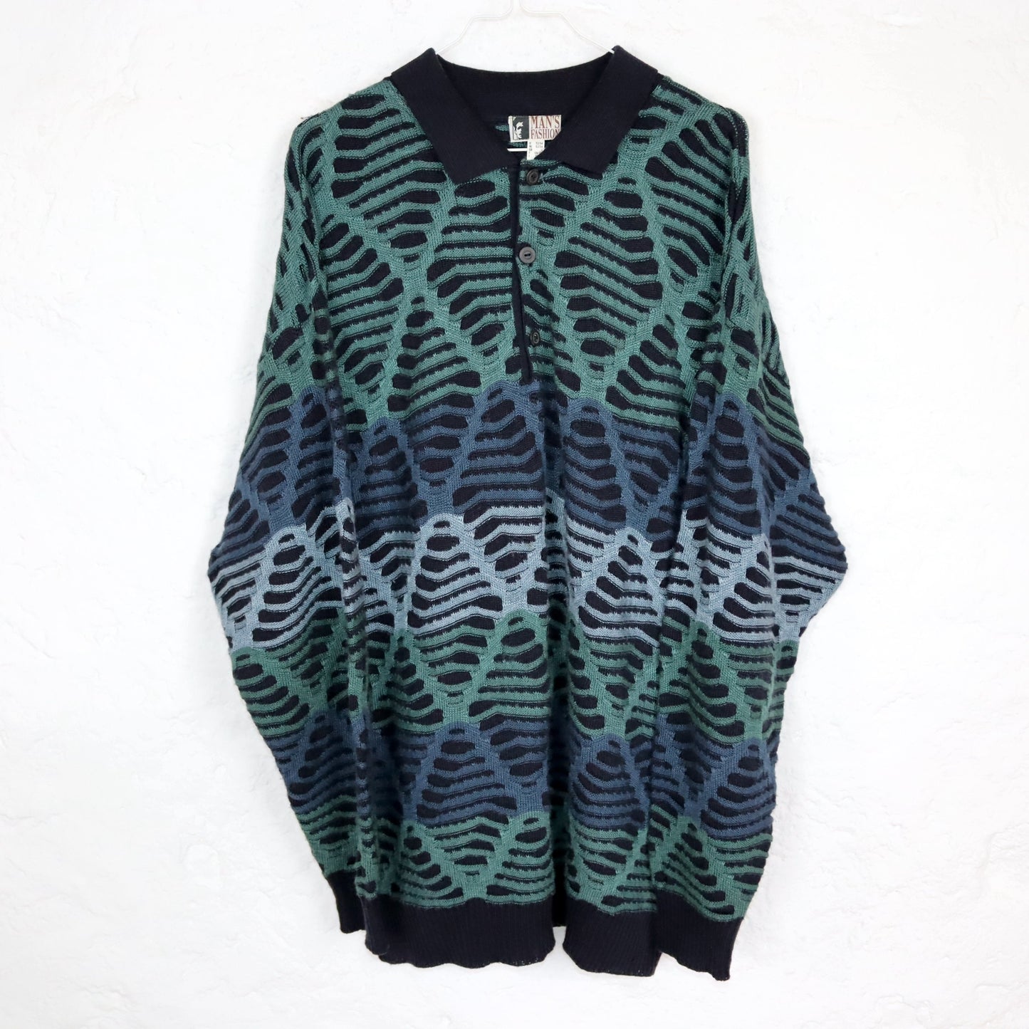 Vintage 80er 90er MANS FASHION Pullover Coogi Style Polokragen Schurwolle grün blau 52/54 XL
