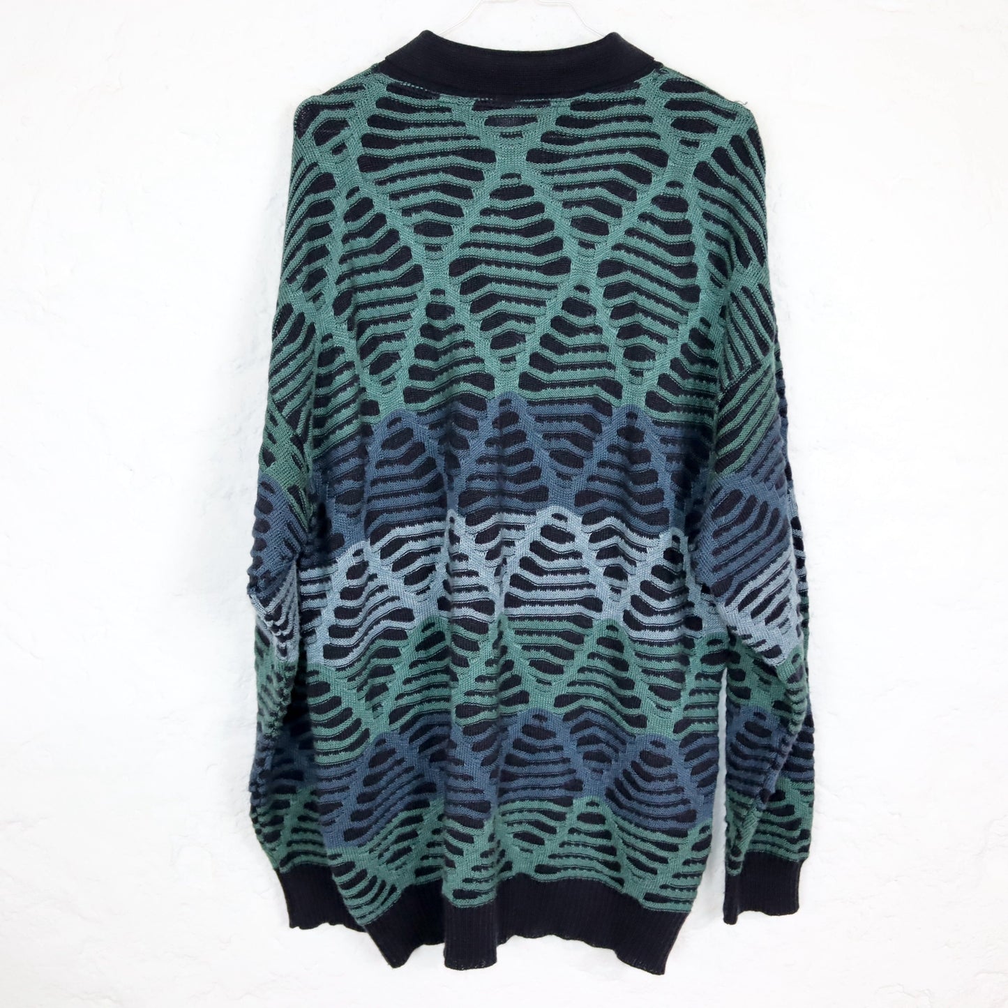 Vintage 80er 90er MANS FASHION Pullover Coogi Style Polokragen Schurwolle grün blau 52/54 XL