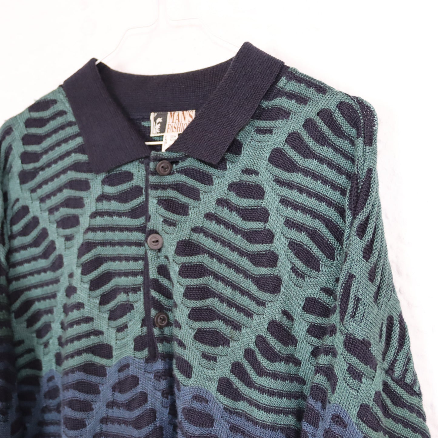 Vintage 80er 90er MANS FASHION Pullover Coogi Style Polokragen Schurwolle grün blau 52/54 XL