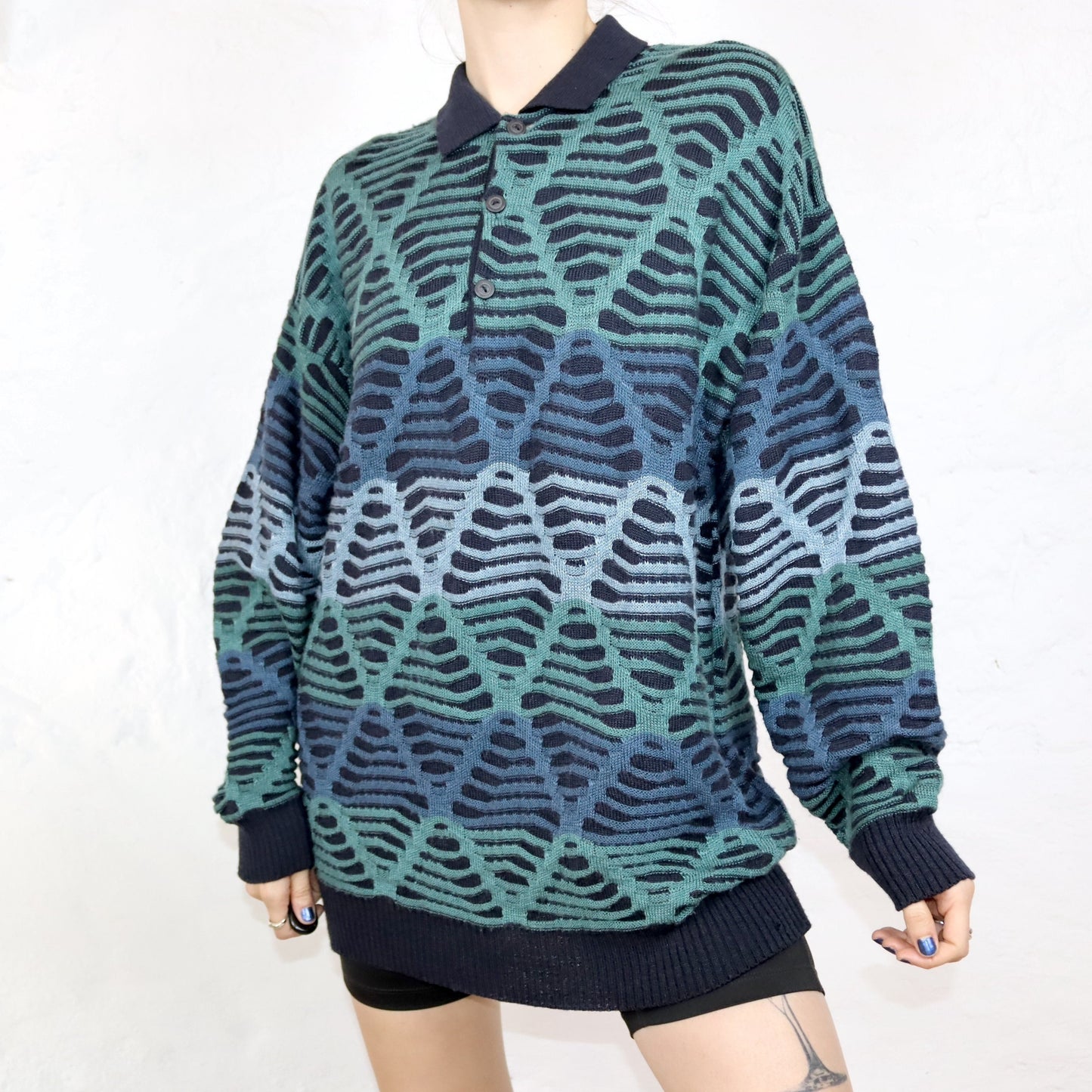 Vintage 80er 90er MANS FASHION Pullover Coogi Style Polokragen Schurwolle grün blau 52/54 XL