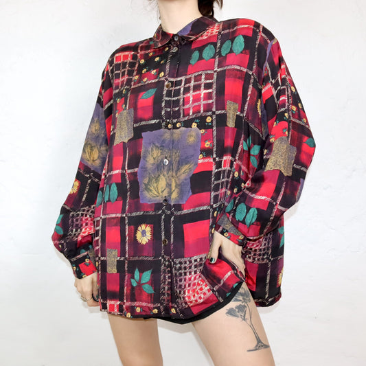 Vintage 80er 90er MARIETTE Bluse langarm crazy pattern Schulterpolster L