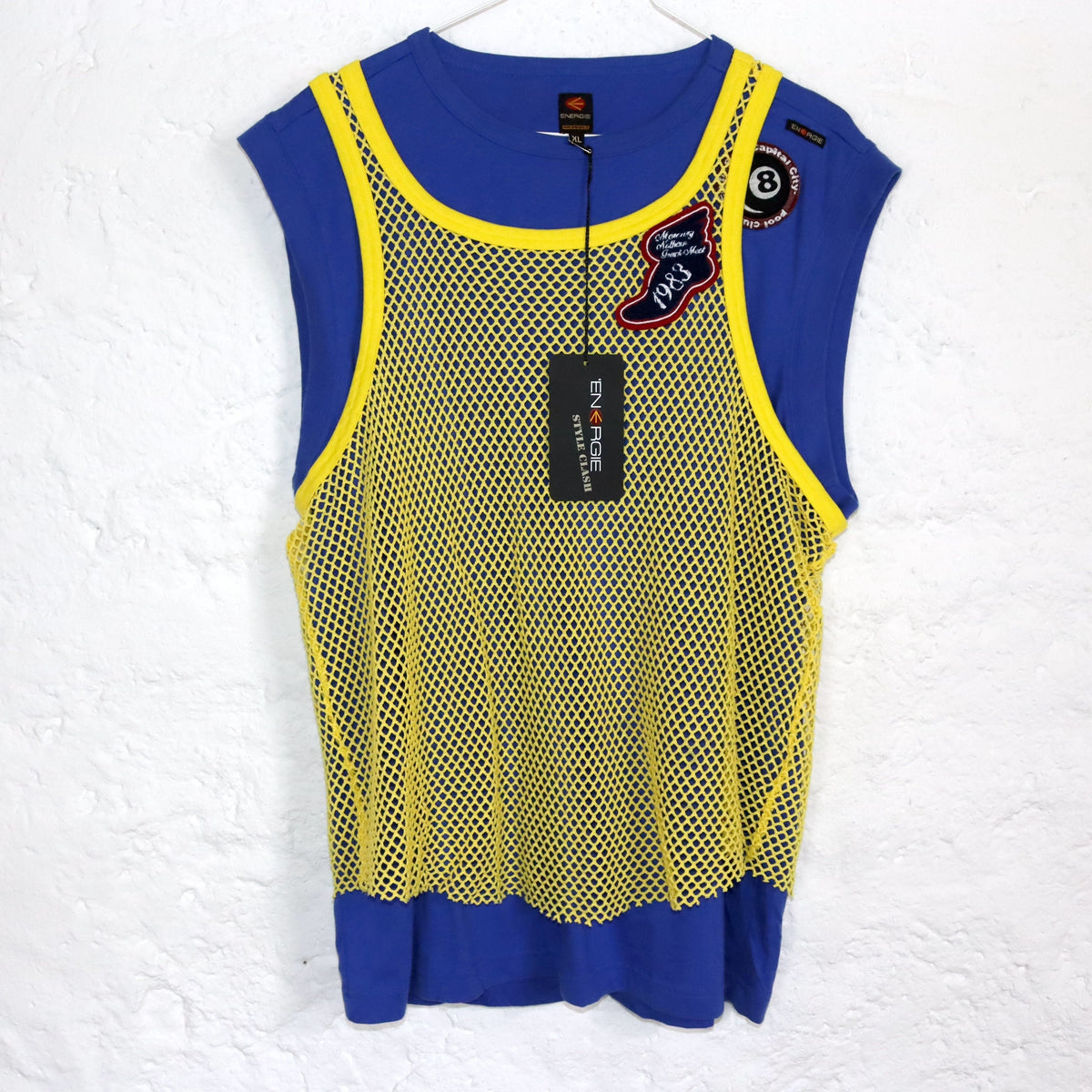 Vintage 90er 00er Y2k ENERGIE Top Shirt ärmellos Netztop blau gelb Patches Deadstock XL