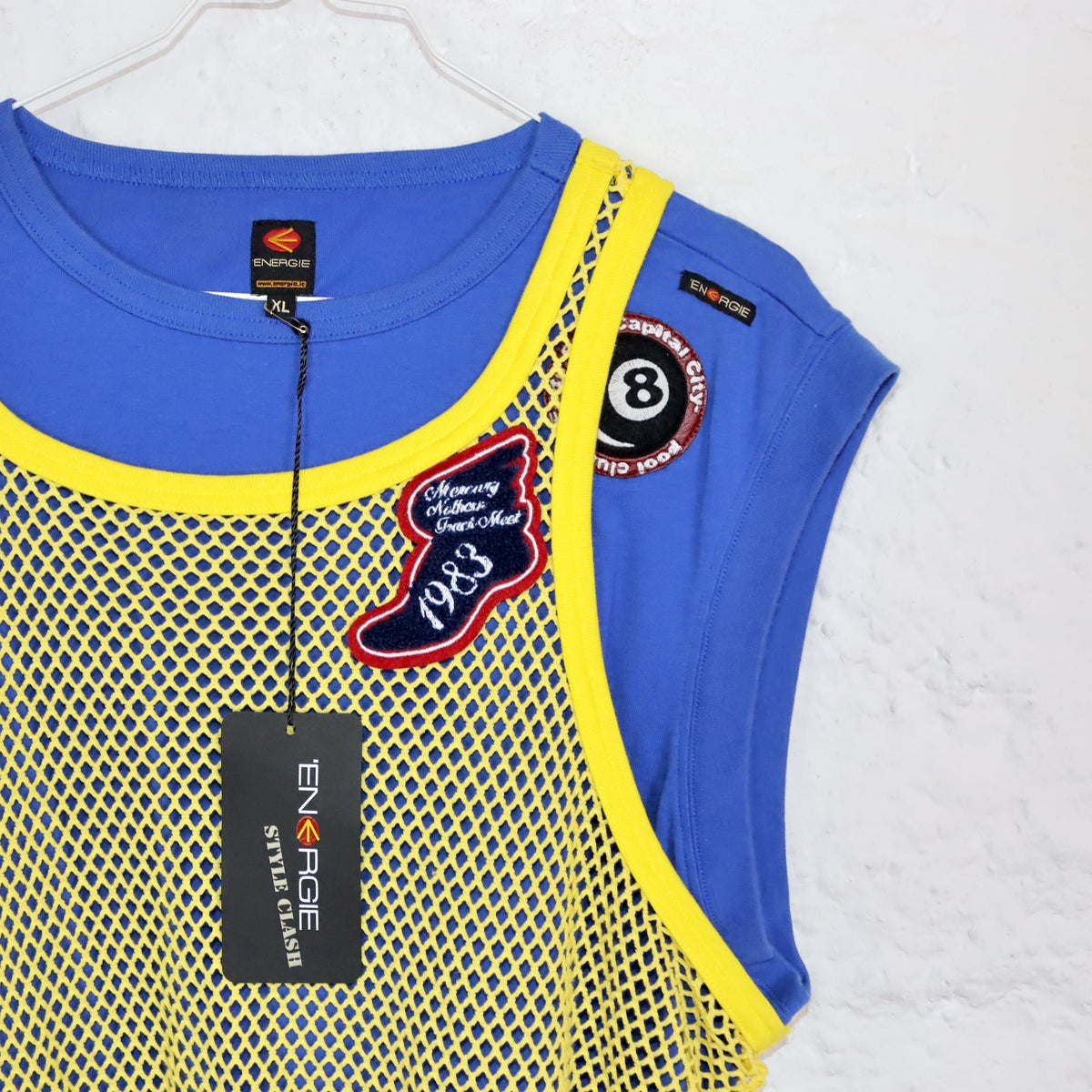 Vintage 90er 00er Y2k ENERGIE Top Shirt ärmellos Netztop blau gelb Patches Deadstock XL