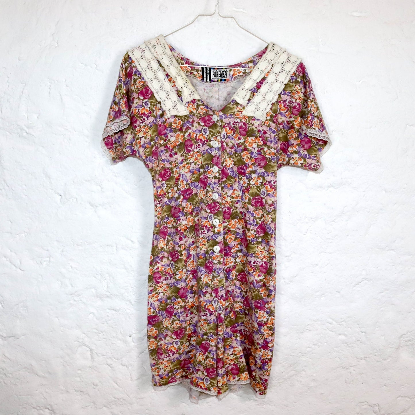 Vintage 80s 90s FORENZA one-piece jumpsuit short sleeve floral pattern crocheted collar lace S/M