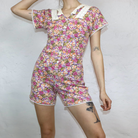 Vintage 80er 90er FORENZA Einteiler Jumpsuit kurzarm Blumenmuster gehäkelter Kragen Spitze S/M