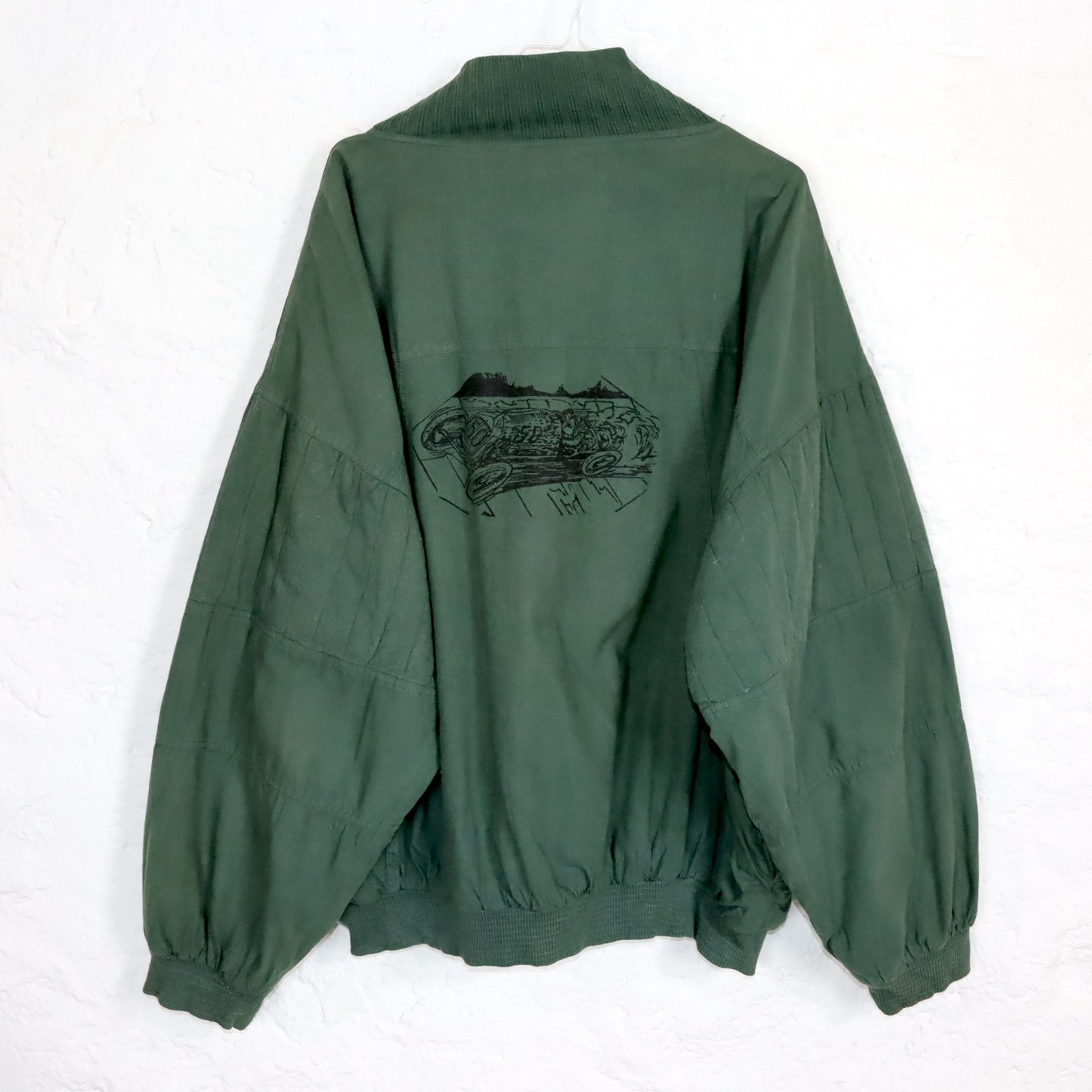 Vintage 80er 90er NEW FAST Sweatshirt Pullover Stehkragen dunkelgrün Print Rückseite XL
