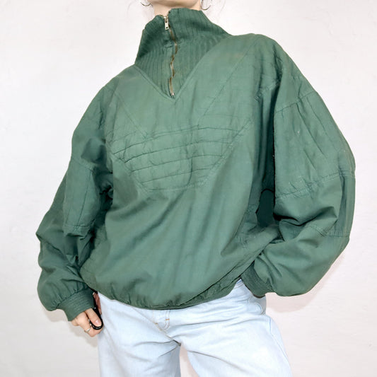 Vintage 80er 90er NEW FAST Sweatshirt Pullover Stehkragen dunkelgrün Print Rückseite XL