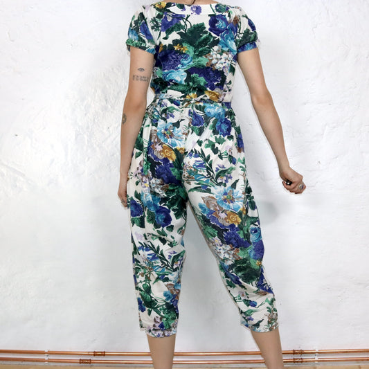 Vintage 80er 90er EQUATION Einteiler Overall kurzarm crazy pattern Blumenmuster S