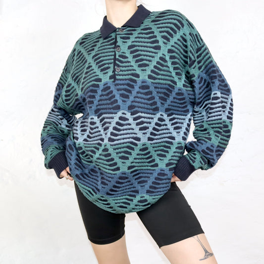 Vintage 80er 90er MANS FASHION Pullover Coogi Style Polokragen Schurwolle grün blau 52/54 XL