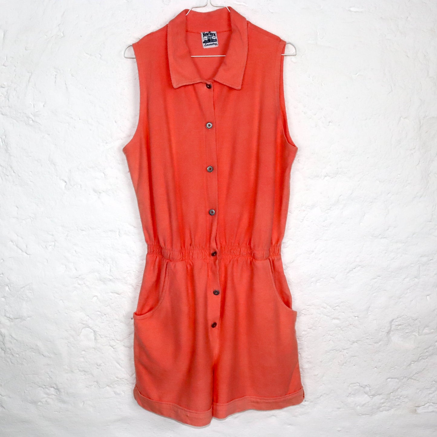 Vintage 80s 90s NEWYORK LAUNDRY one-piece jumpsuit terry apricot sleeveless button-up 40