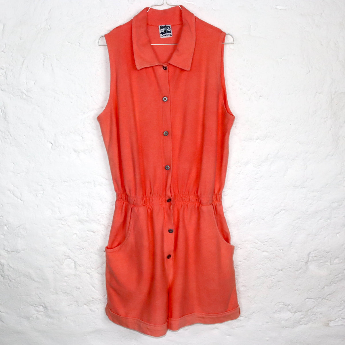 Vintage 80s 90s NEWYORK LAUNDRY one-piece jumpsuit terry apricot sleeveless button-up 40