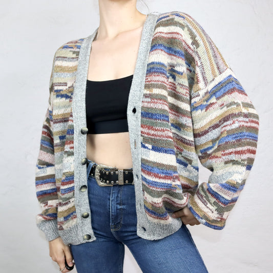 Vintage 80er 90er ARIANNA Cardigan Wolle gemustert Strick beige bunt XL
