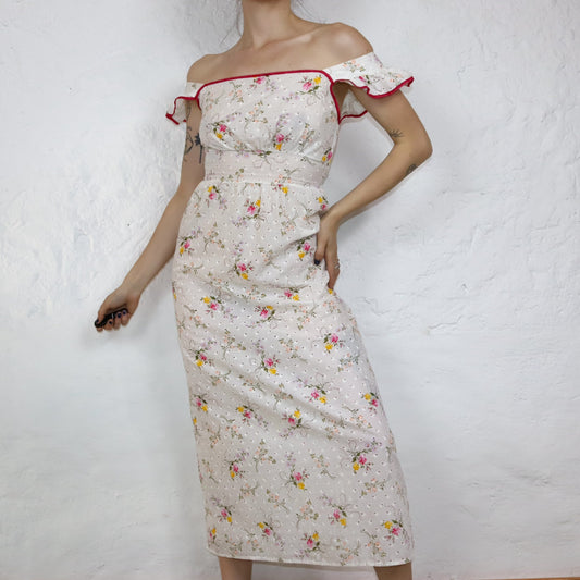 Vintage 70er 80er DDR Maxikleid Sommerkleid leicht transparent Blumenmuster Boho weiß S