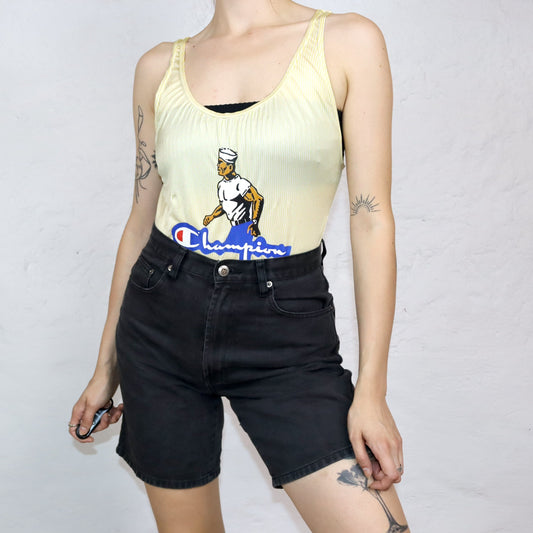 Vintage 80er 90er CHAMPION Body Einteiler gestreift weiß gelb Print M