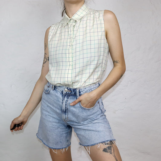 Vintage 80er 90er Bluse ärmellos kariert weiß M