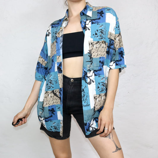 Vintage 80er 90er DUBBIN Hemd kurzarm crazy pattern blau XL/XXL