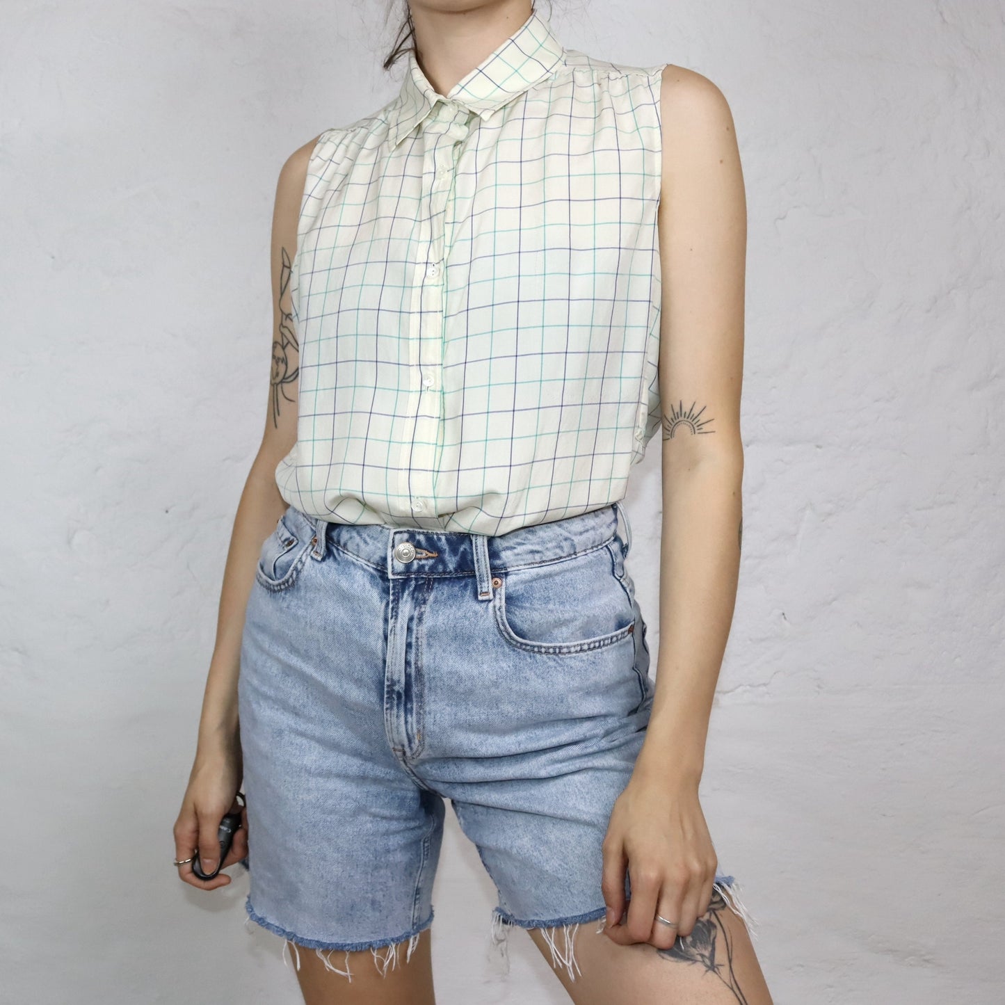 Vintage 80er 90er Bluse ärmellos kariert weiß M