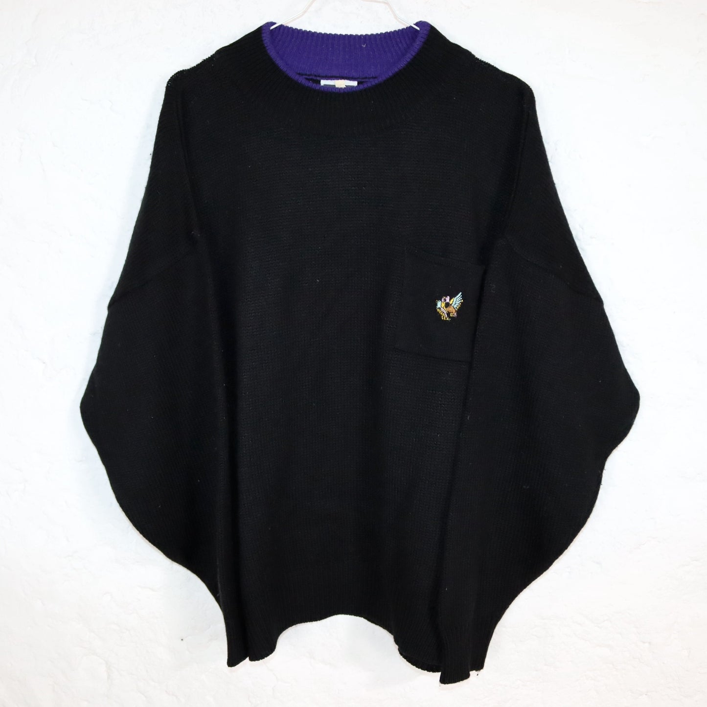 Vintage 80er 90er SUCCO DI Lana Pullover Wolle schwarz lila Stickerei XL