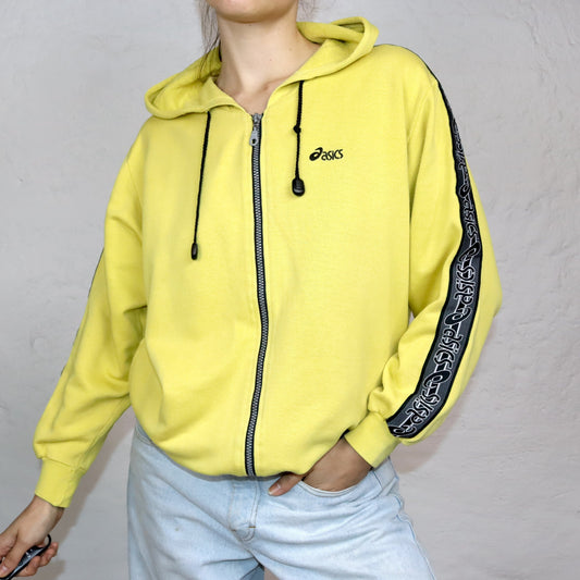 Vintage 80er 90er ASICS Hoodie Sweatjacke gelb schwarz Sweatshirt M