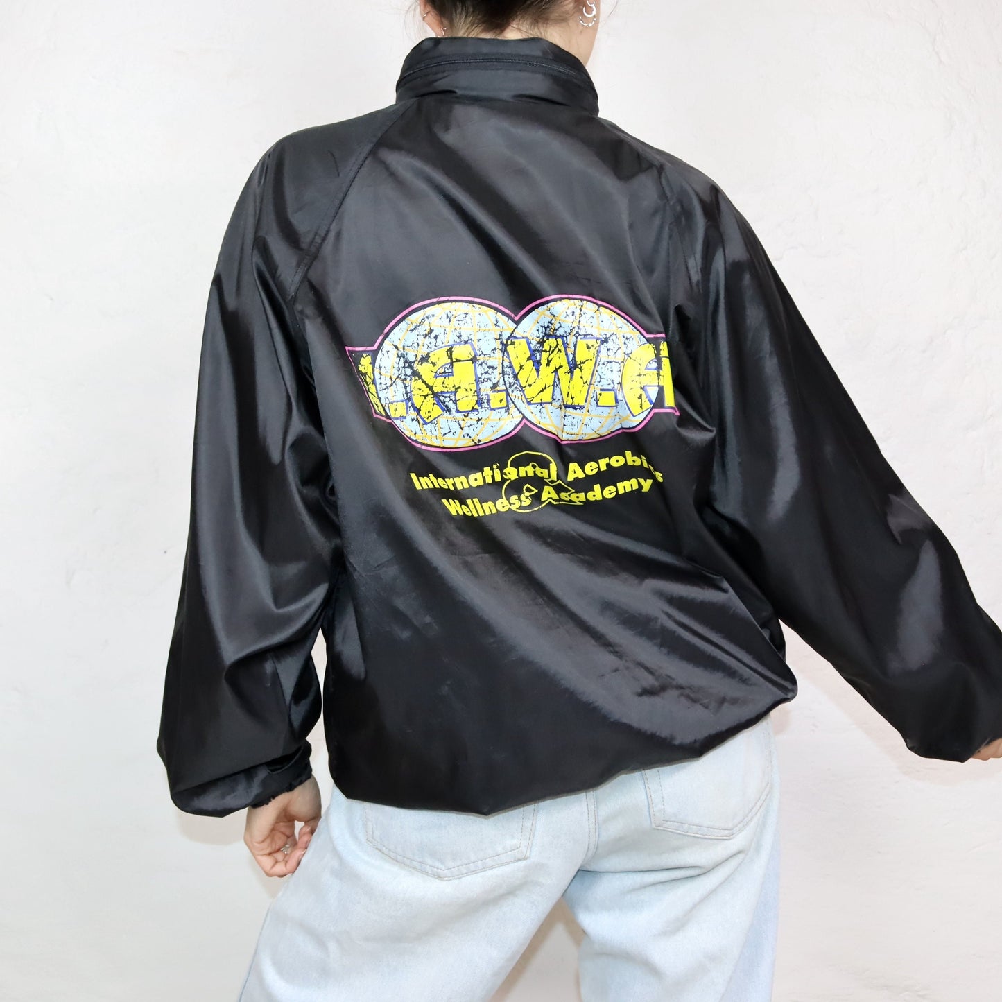 Vintage 80s 90s GUFFINI IAWA rain jacket windbreaker black print L