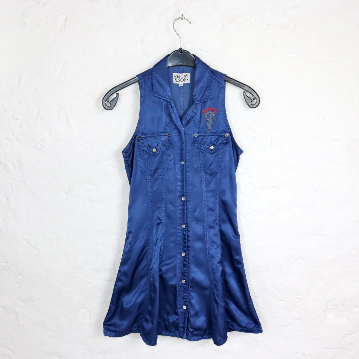 Vintage 80s 90s REPLAY & SONS dress mini dress with collar embroidery button placket blue S/M