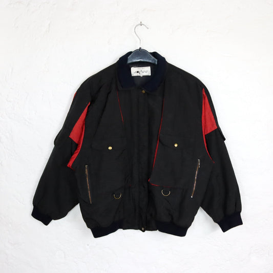 Vintage 80er 90er LADIES FASHION Jacke leicht gefüttert Kragen schwarz rot glänzend M