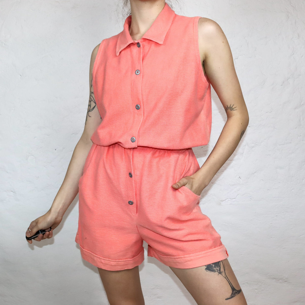 Vintage 80s 90s NEWYORK LAUNDRY one-piece jumpsuit terry apricot sleeveless button-up 40