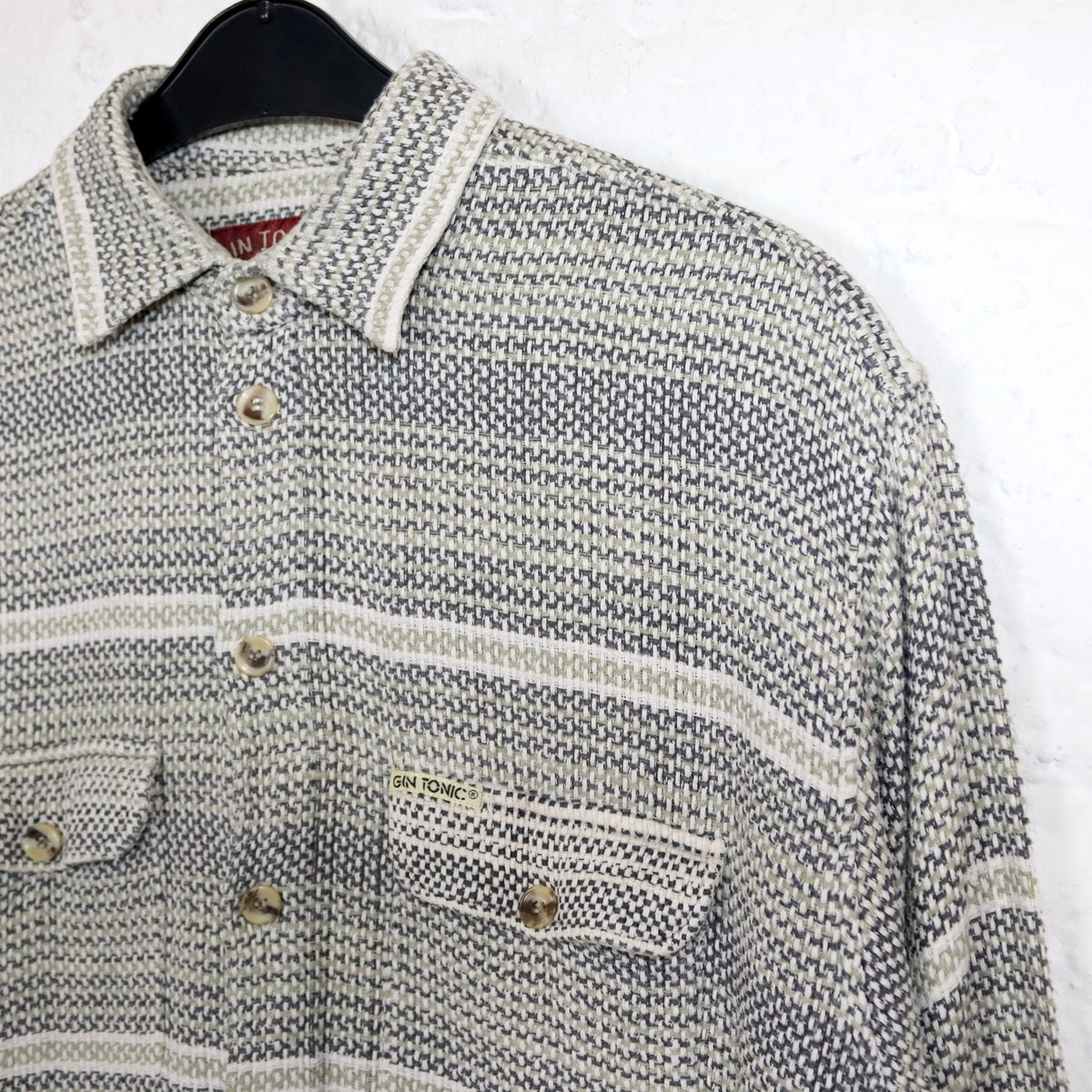 Vintage 80s 90s GIN TONIC shirt long sleeve waffle look beige grey L