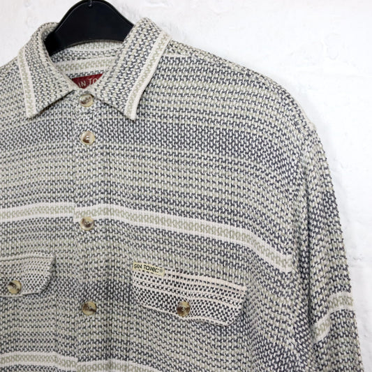 Vintage 80er 90er GIN TONIC Hemd langarm Waffeloptik beige grau L