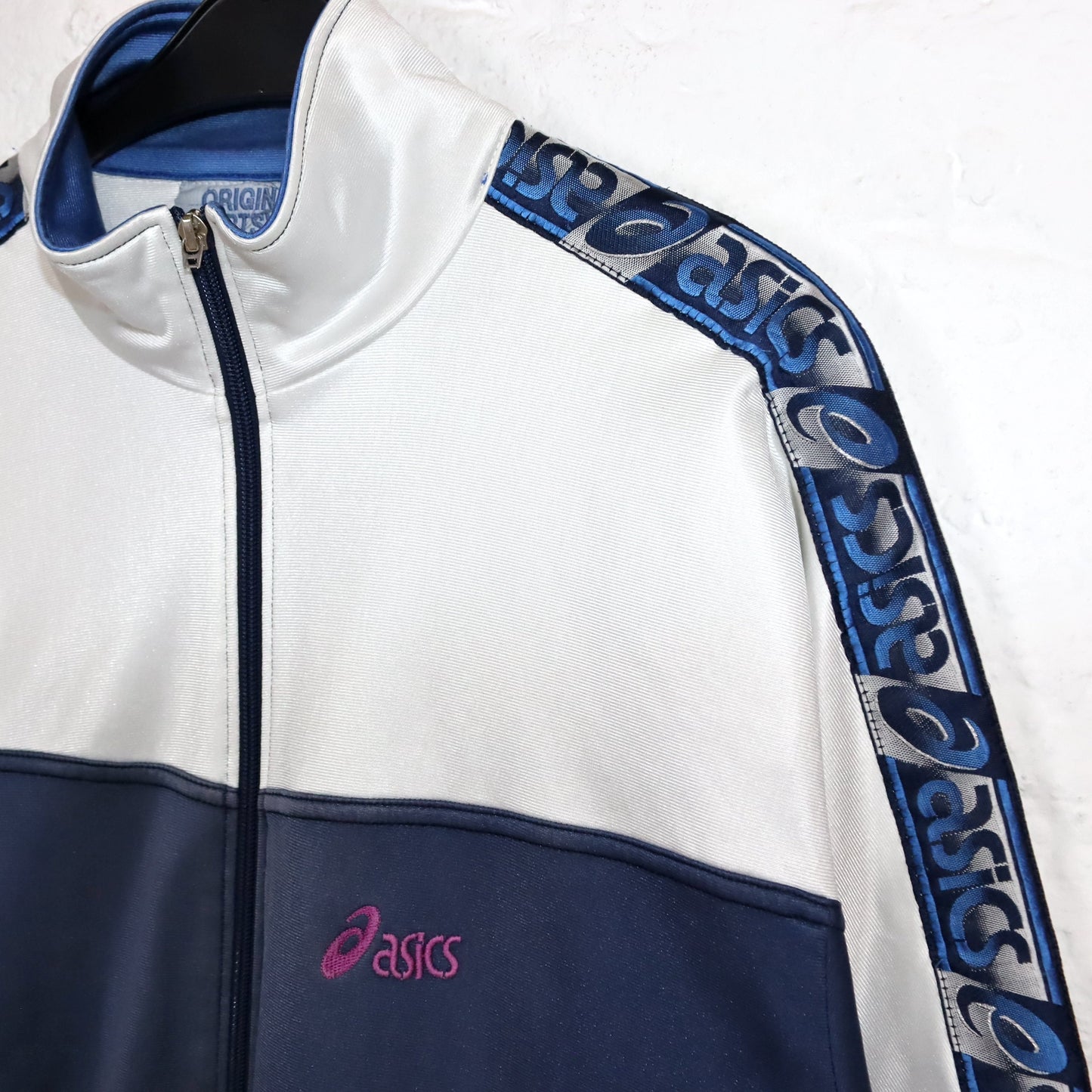 Vintage 80s 90s ASICS tracksuit jacket stand-up collar white blue 54 XL