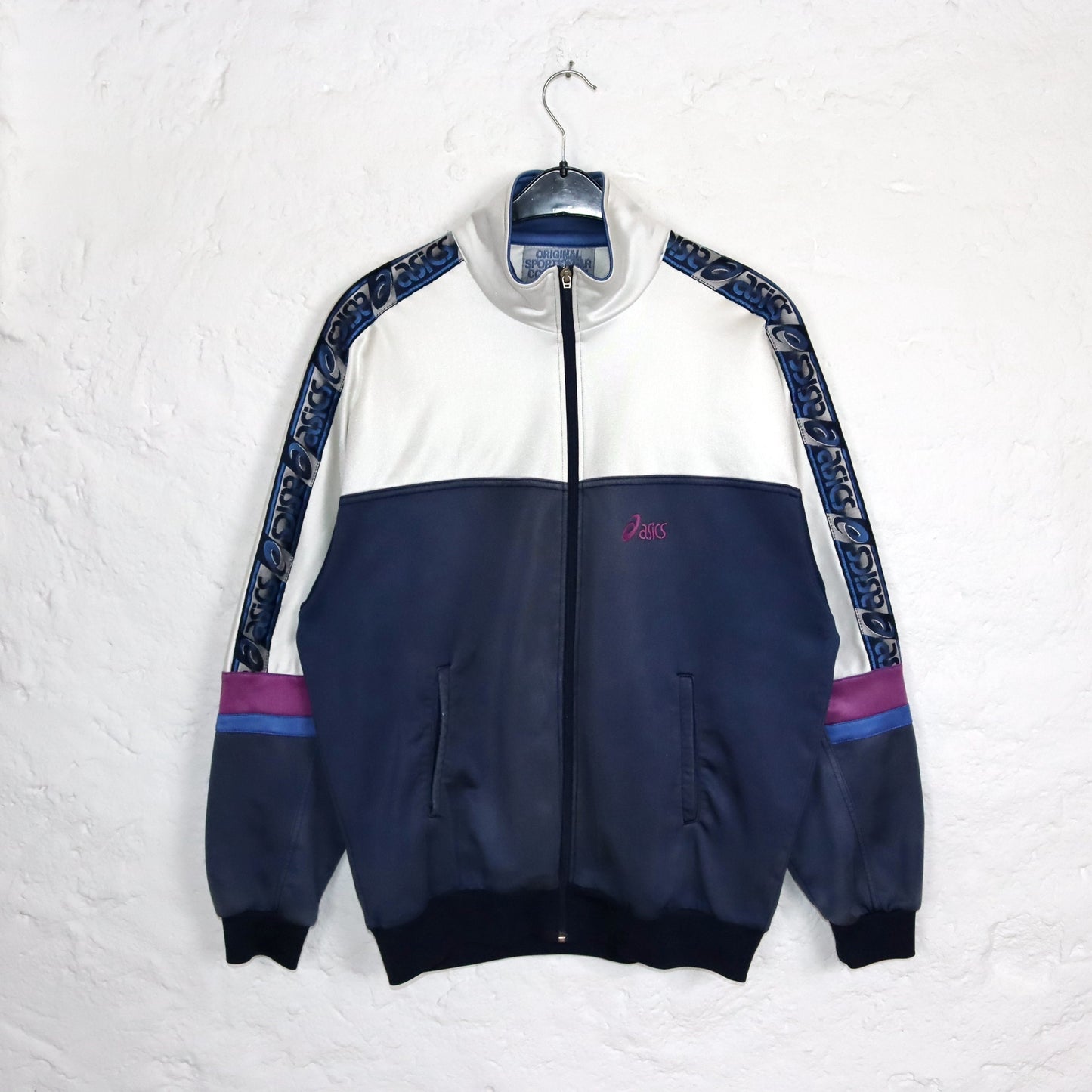 Vintage 80s 90s ASICS tracksuit jacket stand-up collar white blue 54 XL