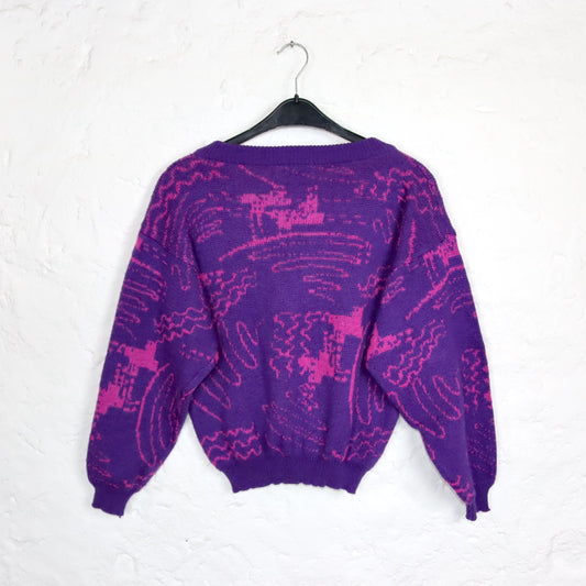 Vintage 80er 90er PASSPORT Pullover V-Ausschnitt crazy pattern lila XS