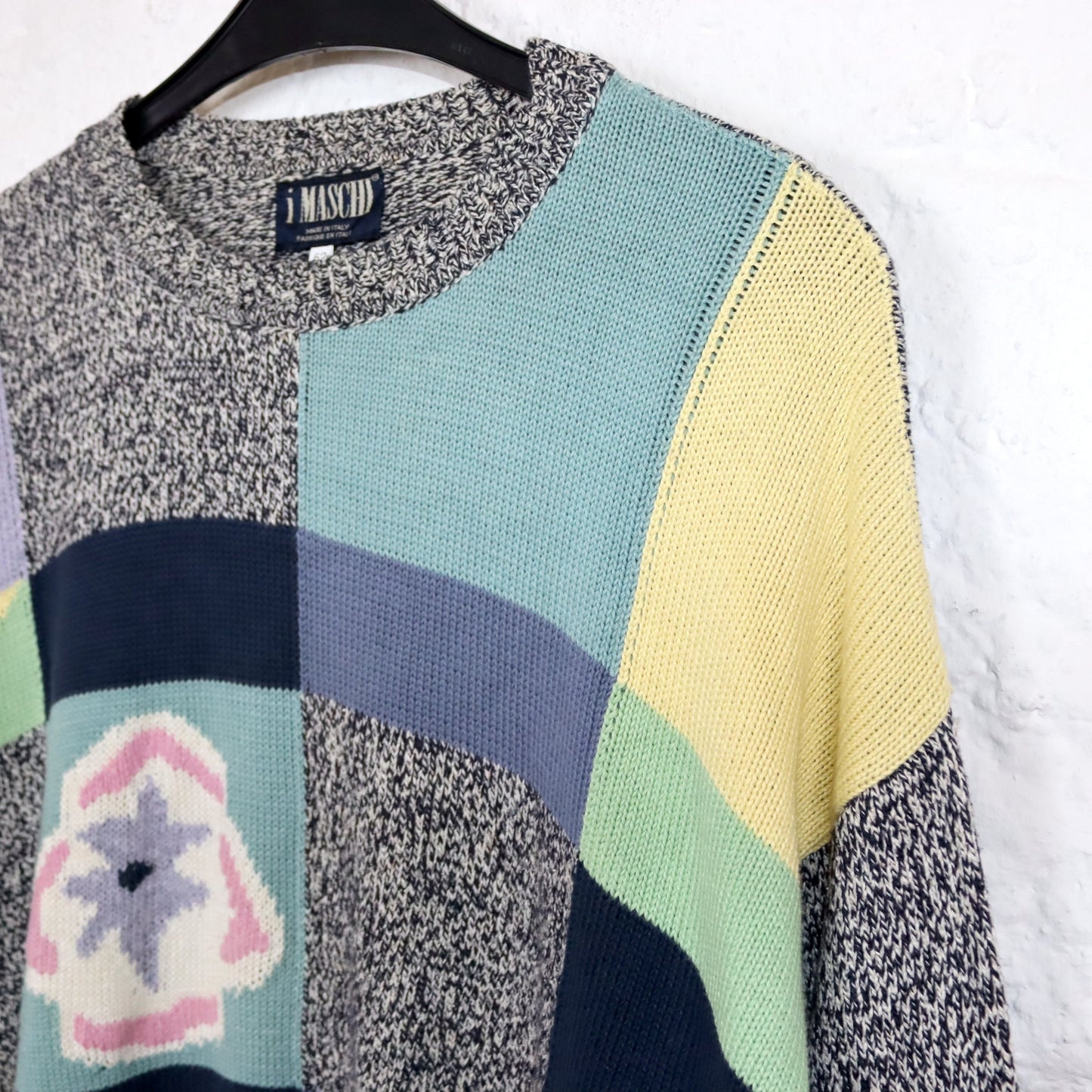 Vintage 80s 90s MASCHI knitted sweater crazy pattern pastel 52 XL