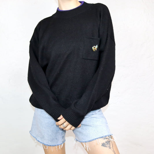 Vintage 80er 90er SUCCO DI Lana Pullover Wolle schwarz lila Stickerei XL