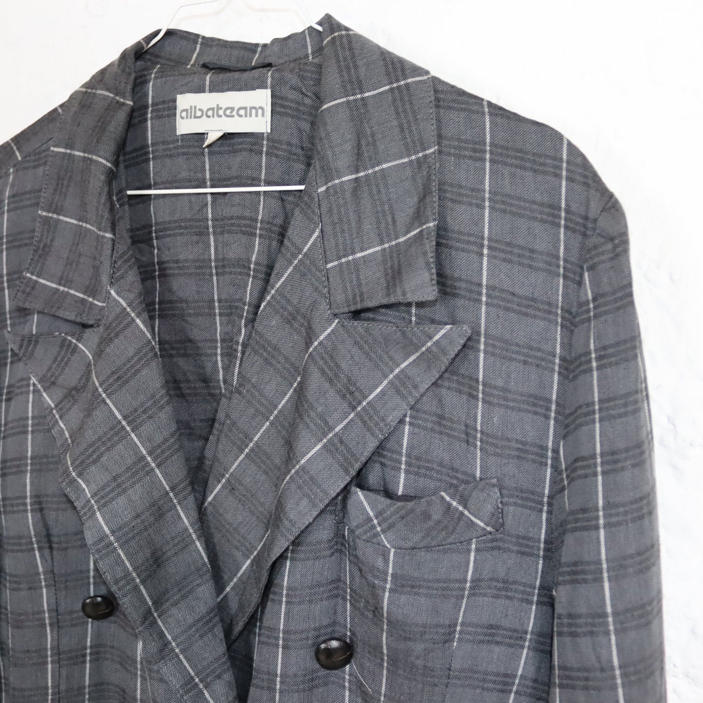 Vintage 80s 90s ALBATEAM blazer dress blazer checked grey double button row linen M/L