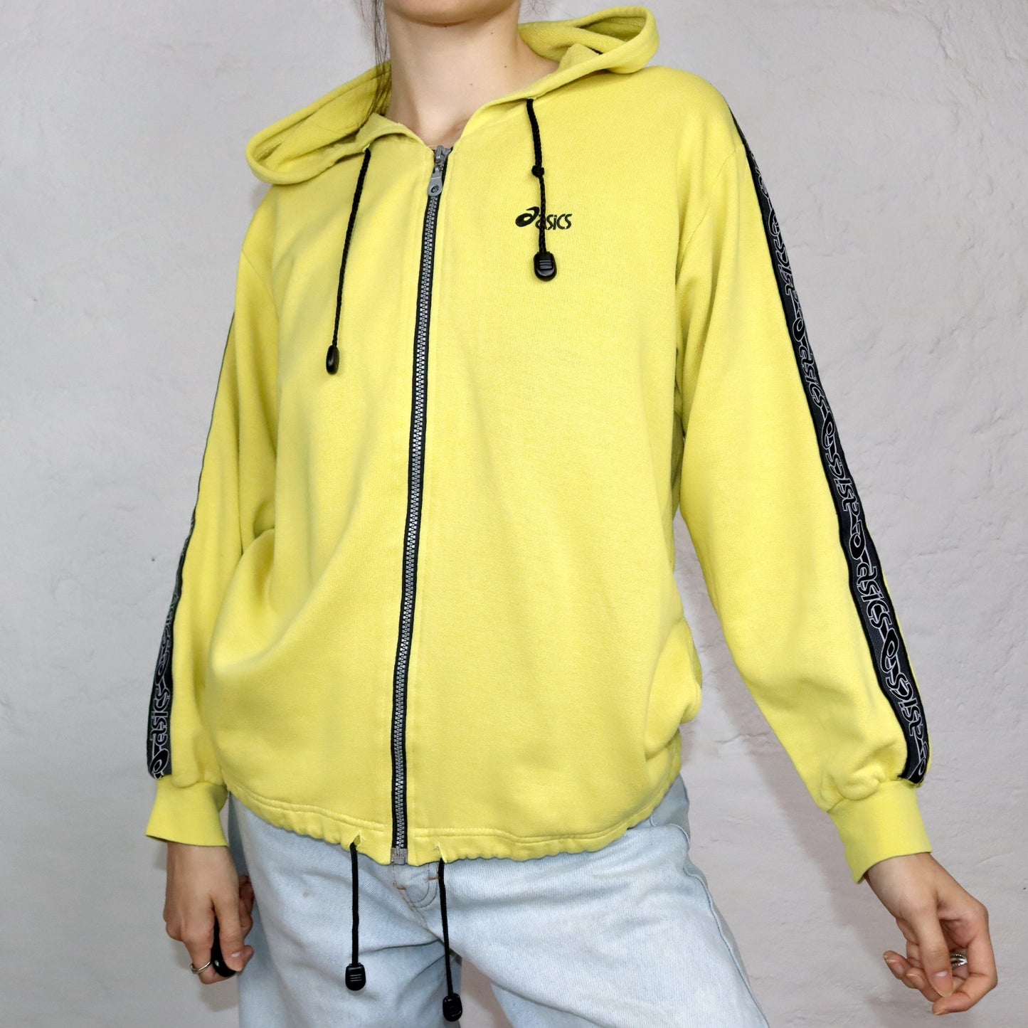 Vintage 80er 90er ASICS Hoodie Sweatjacke gelb schwarz Sweatshirt M