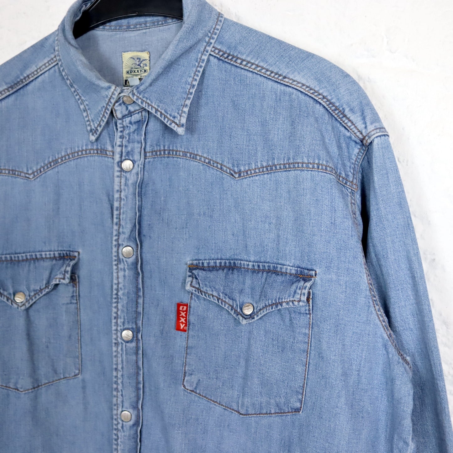 Vintage 80s 90s OXXY denim shirt long sleeve denim snap buttons XL