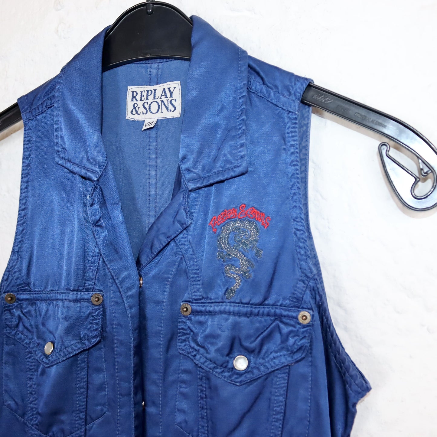 Vintage 80s 90s REPLAY & SONS dress mini dress with collar embroidery button placket blue S/M