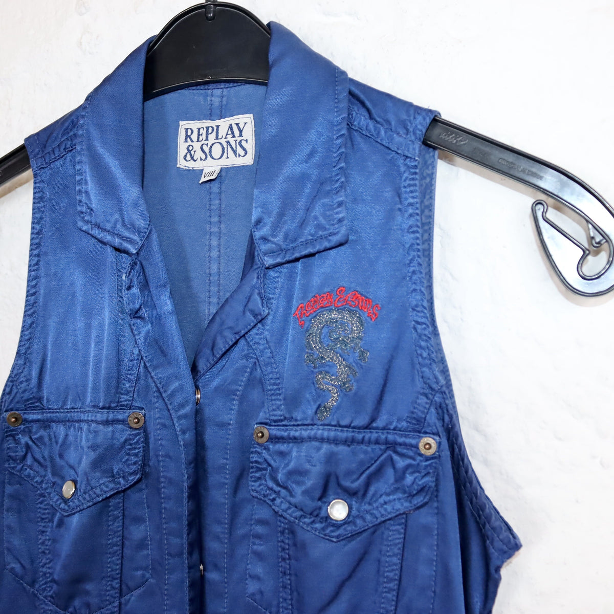 Vintage 80s 90s REPLAY & SONS dress mini dress with collar embroidery button placket blue S/M