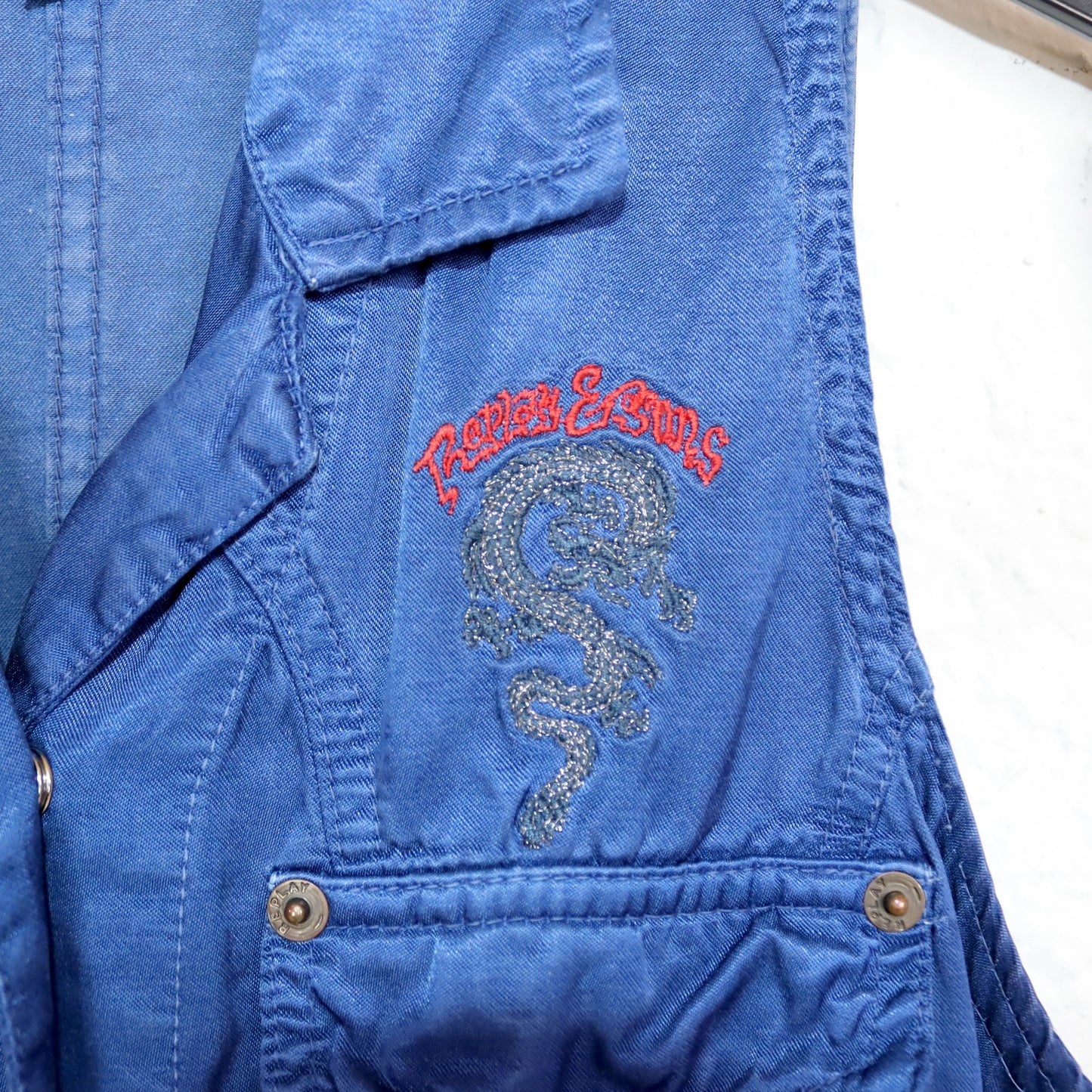 Vintage 80er 90er REPLAY & SONS Kleid Minikleid mit Kragen Stickerei Knopfleiste blau S/M