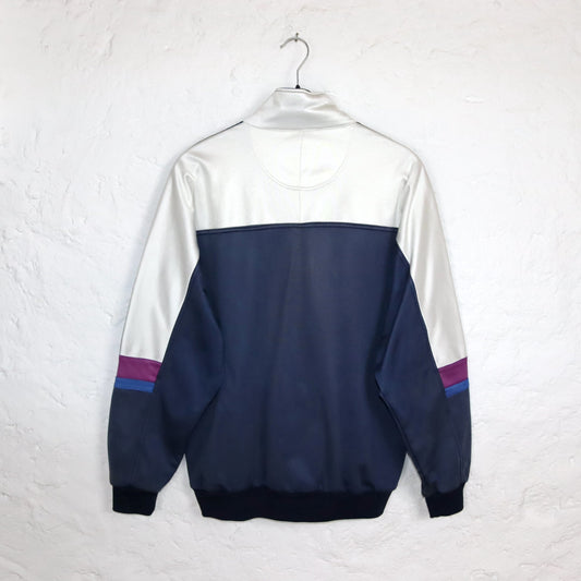 Vintage 80er 90er ASICS Trainingsjacke Jacke Stehkragen weiß blau 54 XL