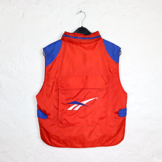 Vintage 80er 90er REEBOK Cargoweste Weste mit Kapuze rot blau L