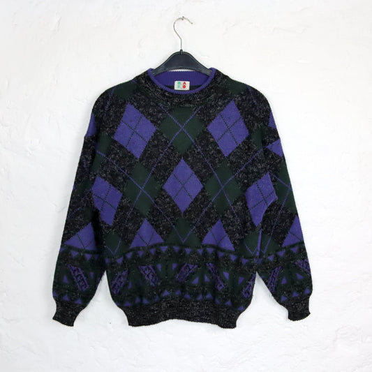Vintage 80er 90er QUADRO Wollpullover Pullover Wolle kariert gemustert schwarz lila M