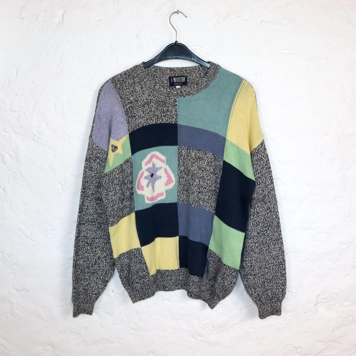 Vintage 80s 90s MASCHI knitted sweater crazy pattern pastel 52 XL