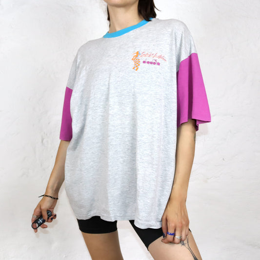 Vintage 80s 90s DIADORA T-Shirt short sleeve print grey pink blue crazy pattern L