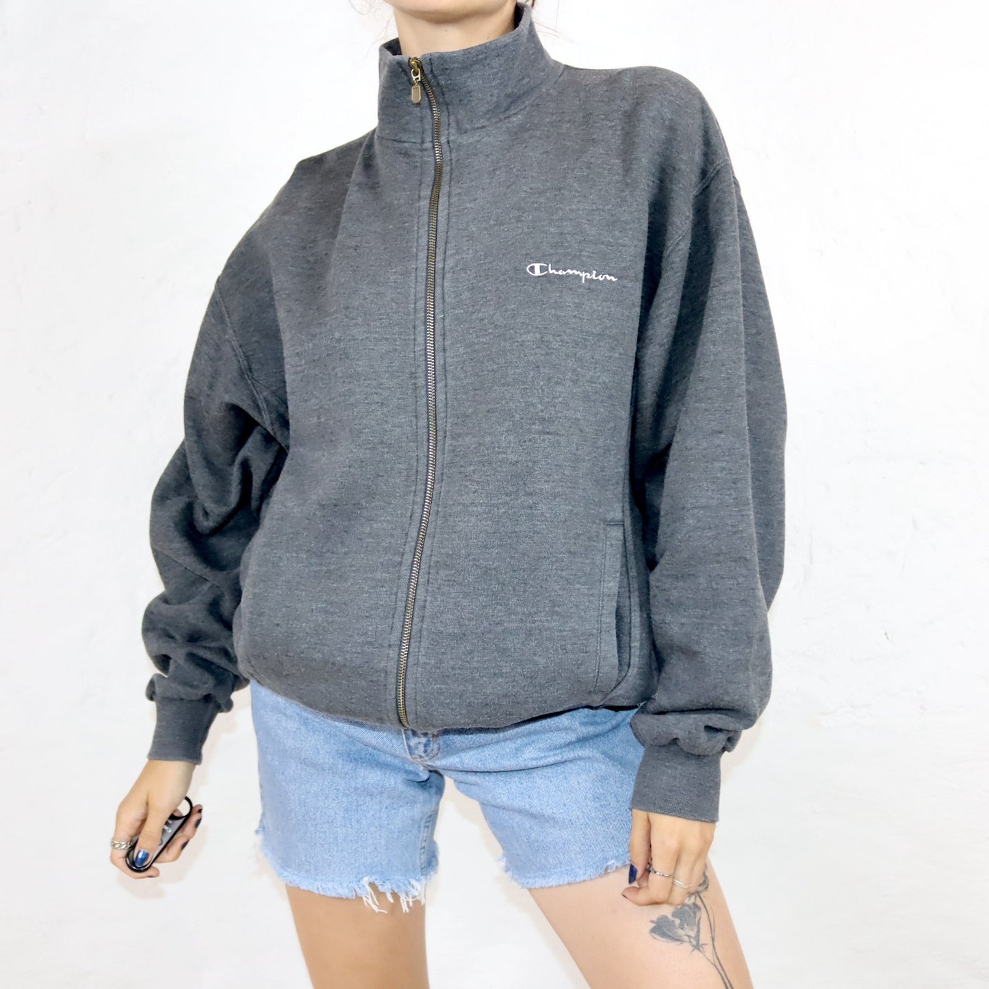 Vintage 80s 90s CHAMPION sweat jacket stand-up collar dark grey XL