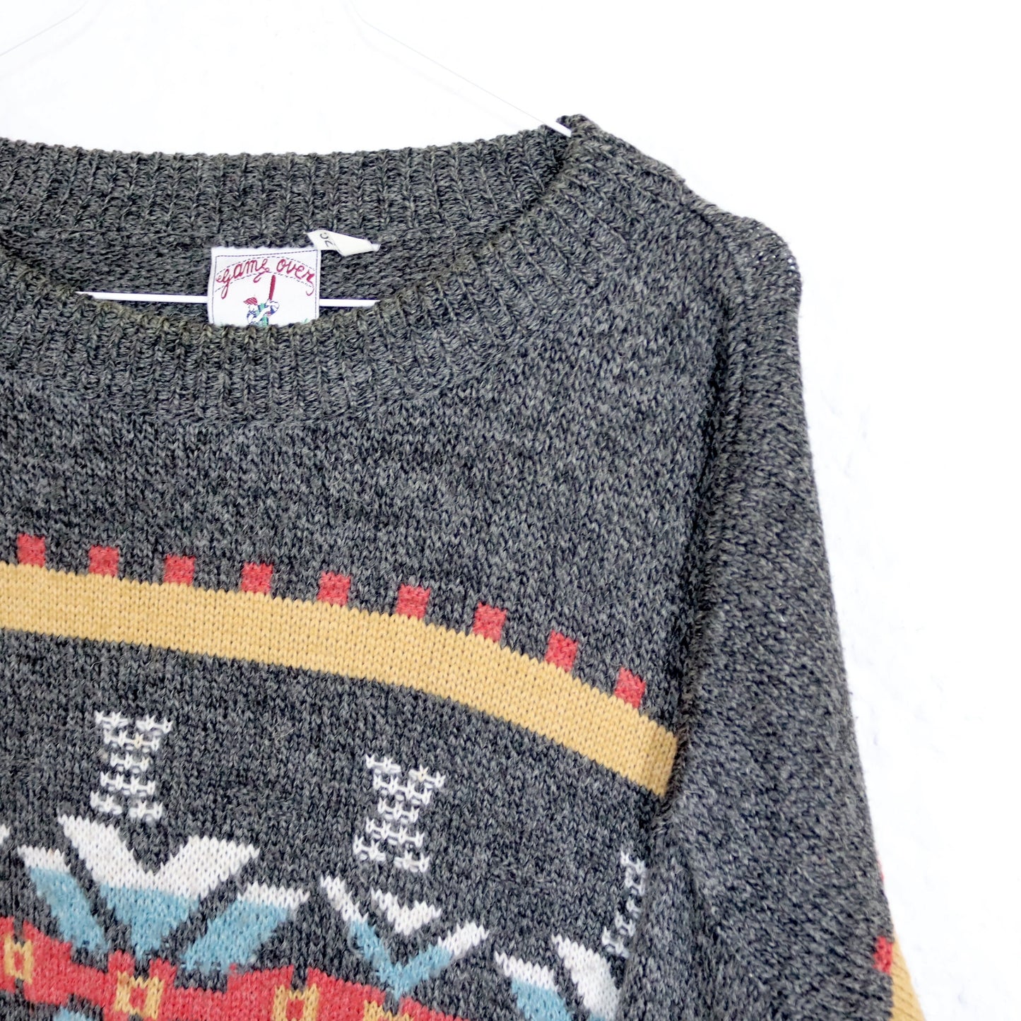 Vintage 80er 90er GAME OVER Pullover Strickpullover gemustert bunt 52 L/XL